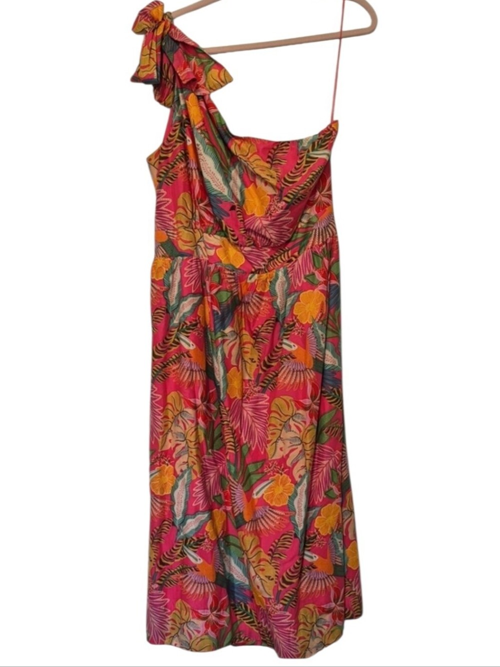 Gibson & Latimer XXL Rose Multi Floral Bird Tropical One Shoulder Midi Dress NWT